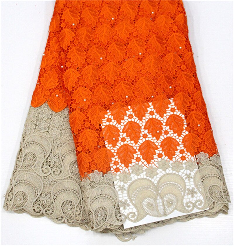 Tissu africain en dentelle Guipure, longueur 5 Yards, pour mariage nigérian, brodé avec des perles, décoration, accessoires pour vêtements en dentelle Soluble dans l'eau: 5