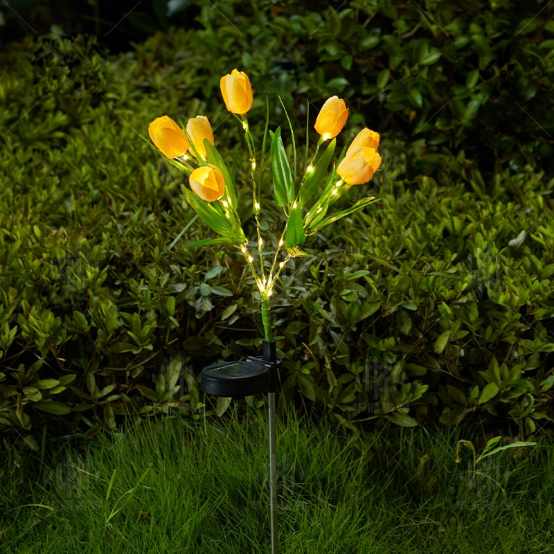 Luces solares realistas de flores de tulipán, 7 cabezales, LED, estaca de jardín, lámpara de paisaje, impermeable para jardín, balcón, patio, camino, decoración: Amarillo dorado / 0-5 W