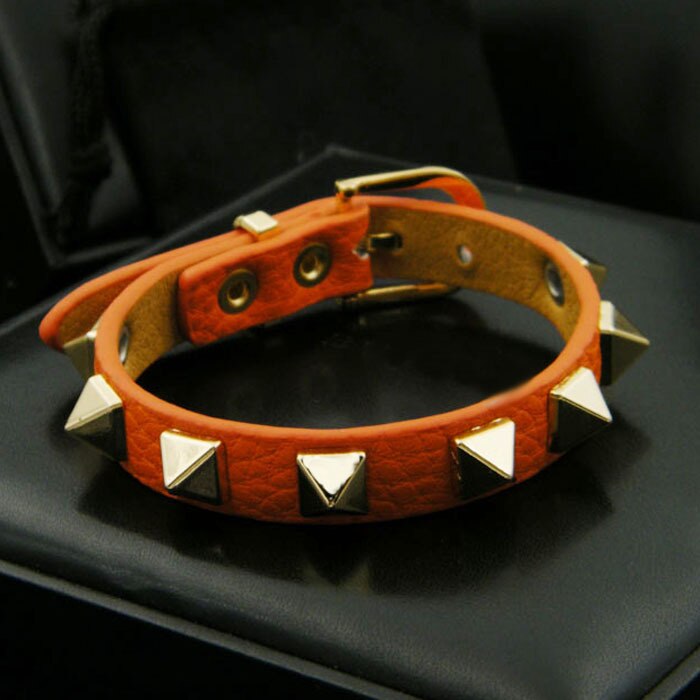 Estilo punk moda pico pulseira com couro do plutônio, luxo marca jóias pirâmide rebites pulseiras para presentes de casamento feminino: orange