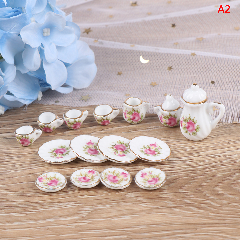 1:12 Miniature 15Pcs Porcelain Tea Cup Set Chintz Flower Tableware Kitchen Dollhouse Furniture Toys For Children: A2