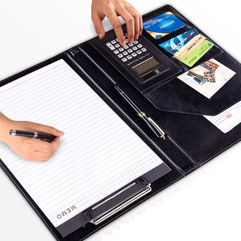 Classeur en cuir PU A4 avec calculatrice, multifonction, fournitures de bureau, organisateur, gestionnaire de tampons d&#39;écriture, porte-documents, sacs Padfolio