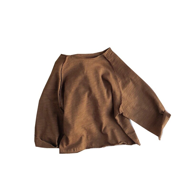 T-shirt à manches longues pour enfants printemps coréen enfant bébé coton flammé couleur unie Base chemise MORI: Marron / 6