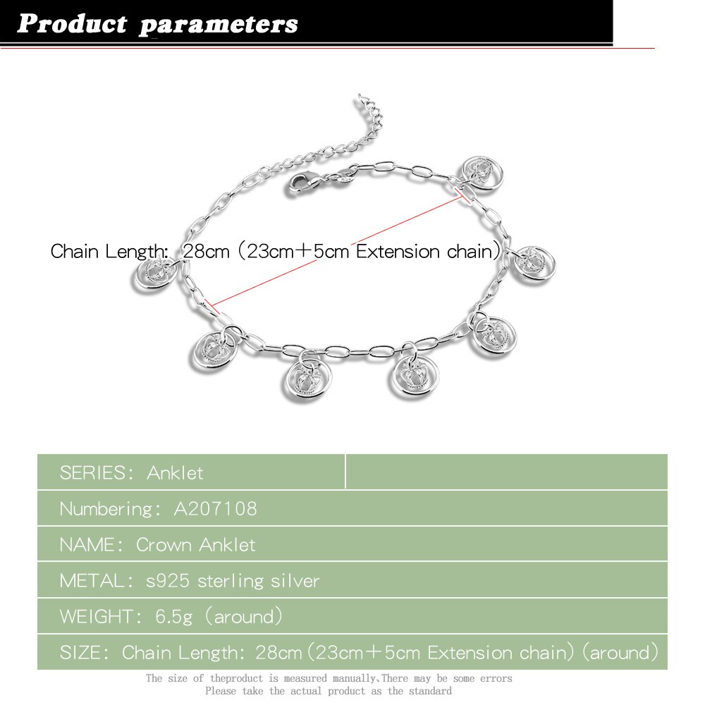 leg bracelet brand sterling silver anklet jewelry for women girl ;Full Crown Anklet female foot jewelry