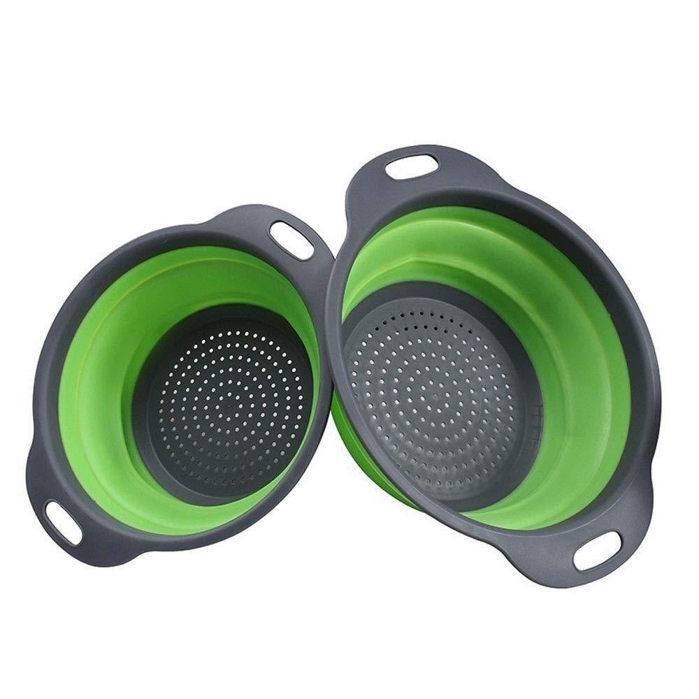 SGMY Green Collapsible Colander 2 Sets, Kitchen Foldable Silicone Strainer, Non-Toxic Easy to Clean