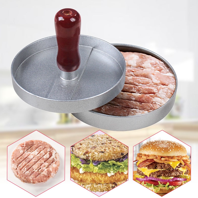 Aluminium non-stick hamburgerbiffpress med trähandtag grill bbq biffmaskin kan csv