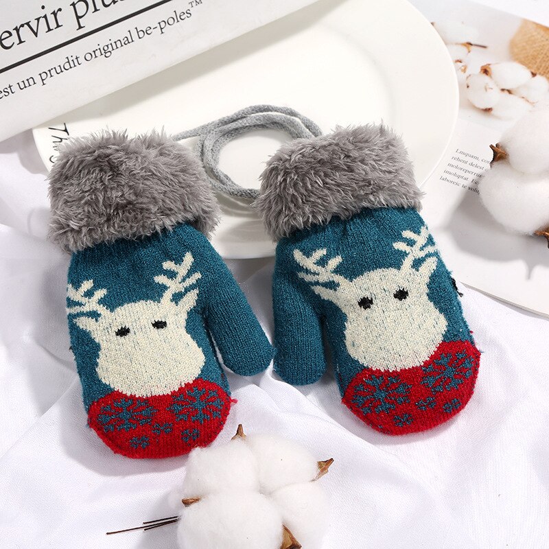 1pair Christmas baby gloves winter knitted Xmas elk mittens kid velvet thick winter warm soft gloves for 1-3Y girls boys: Blue