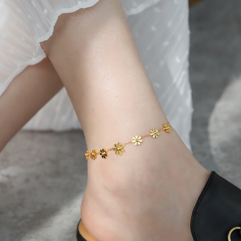 YUN RUO Gelb Gold Farbe Elegante Sonnenblume Gänseblümchen Fußkettchen Frau 316 Titan Stahl Schmuck Nie Verblassen hypoallergen: 7 Blume