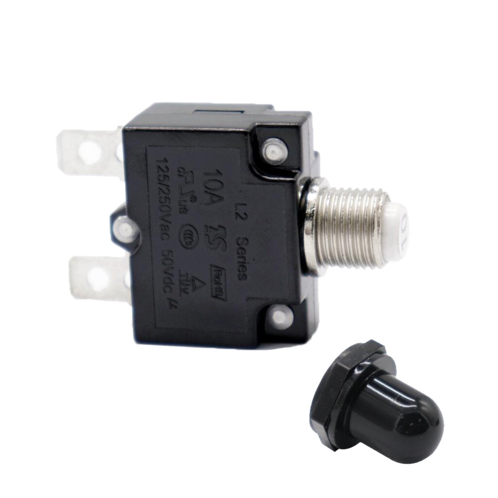 10 Amp Push Button Circuit Breaker 50V DC or 250V AC, Mounts in 3/8 inch (10 mm) Round Hole, Black Button Cap