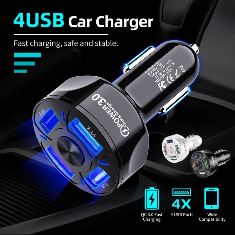 4 Poorten 3 Usb Autolader Quick Charge 3.0 Universele Snel Opladen Mobiele Telefoon Autolader Voor Auto 'S Suv 'S