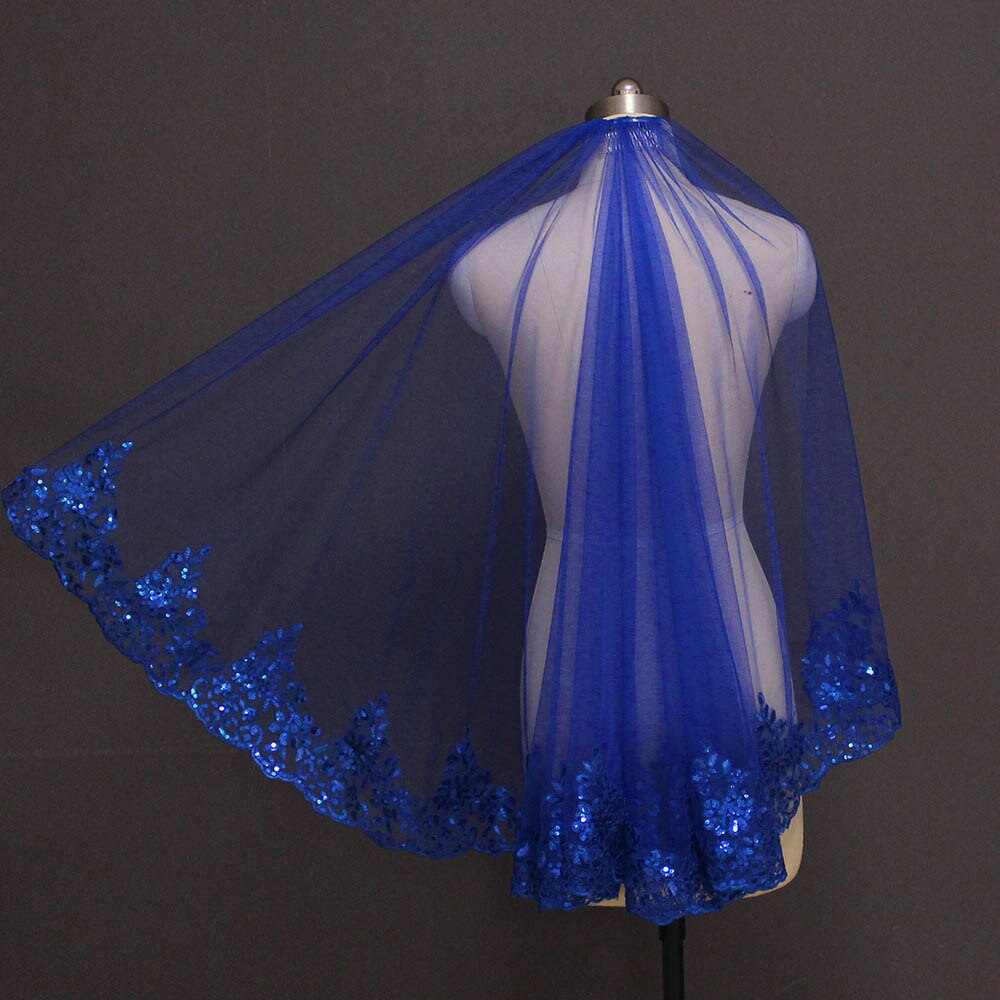 Velo de novia corto de encaje de lentejuelas ostentosas de color azul real, hermoso velo de novia de una capa, accesorios de novia, novedad