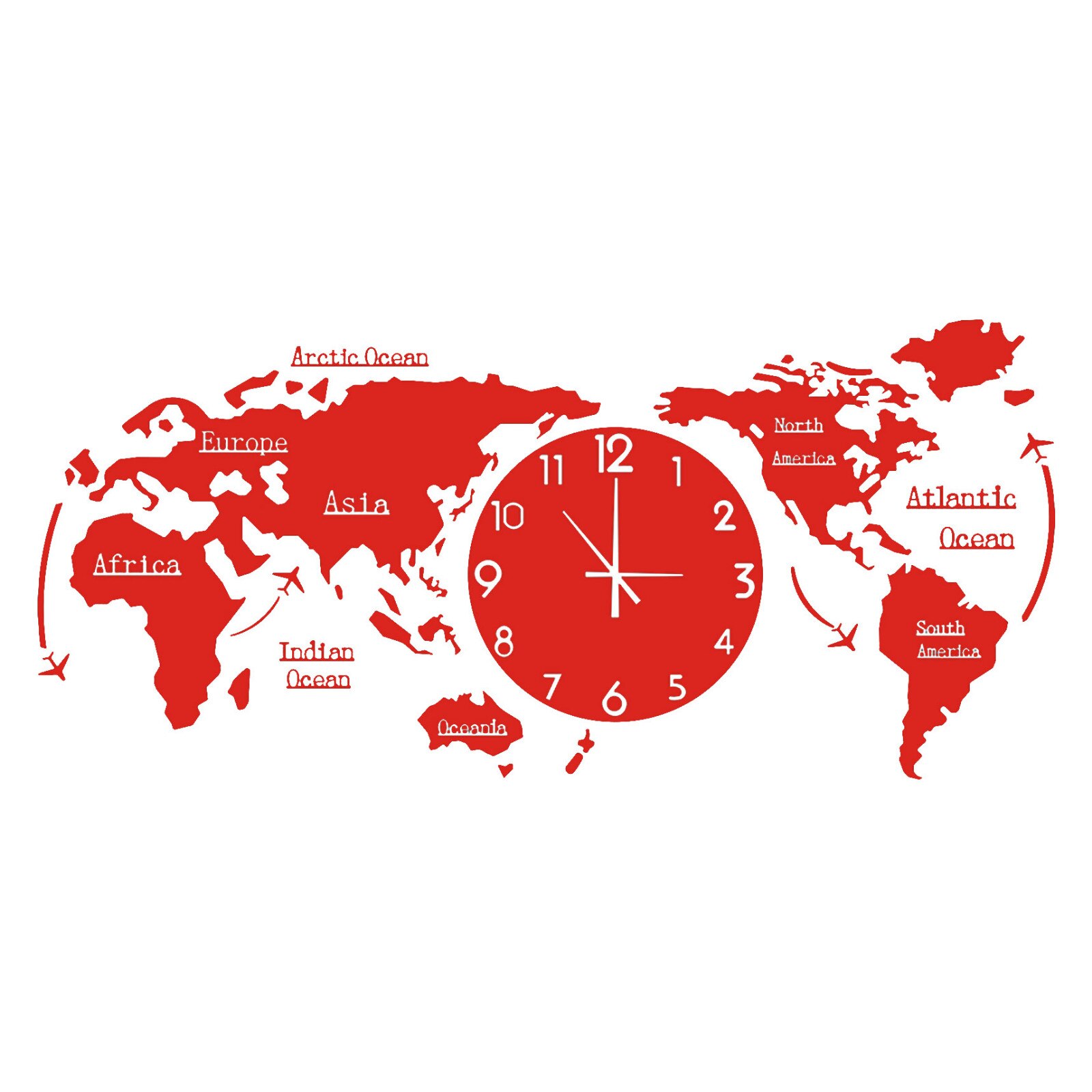 Punch-free DIY Black Acrylic World Map Large Wall Clock Modern Desgin Stickers Silent Watch Home Living Room Kitchen Decorarion: Red