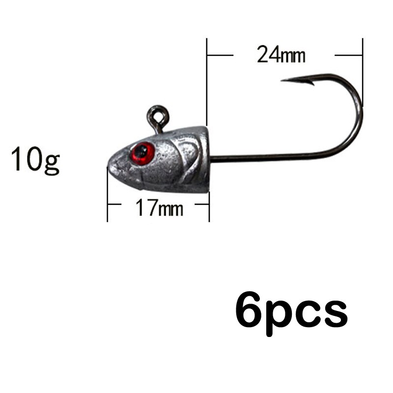 Señuelo de cabeza suave de plomo, aparejo de pesca de lubina, tipo pez 3D, Ojo de 3,5g 5g 7g 10g, cebo de gusano blando de silicona con púas, herramienta de gancho, 6 uds.: 10g