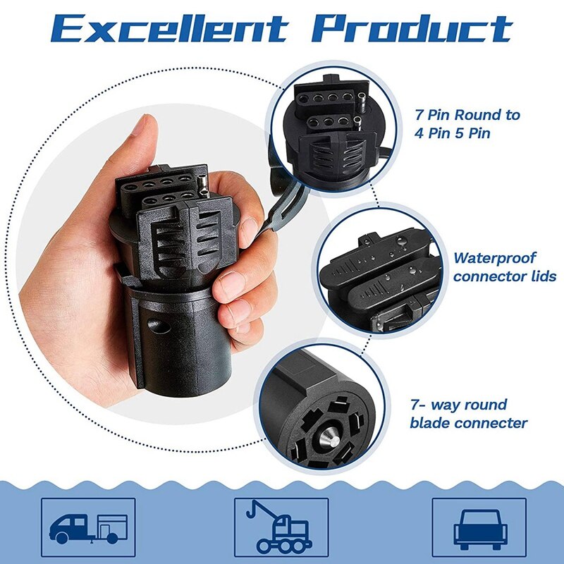 Practical 2 Pieces Trailer Adapter 7 Pin Round To 4 Pin 5 Pin Flat Blade Trailer 7 Way To 4 Way 5 Way Weatherproof Car RV Boat