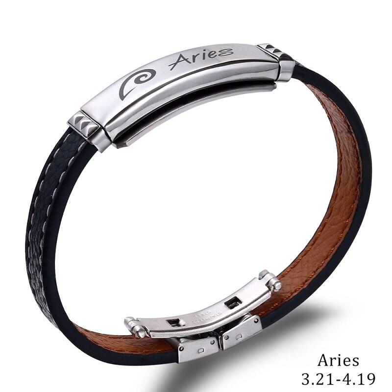 Pulsera de acero inoxidable con 12 Constelaciones para hombre, joyería de , Charm, cuero negro, signos del zodiaco informales, Punk,: Aries
