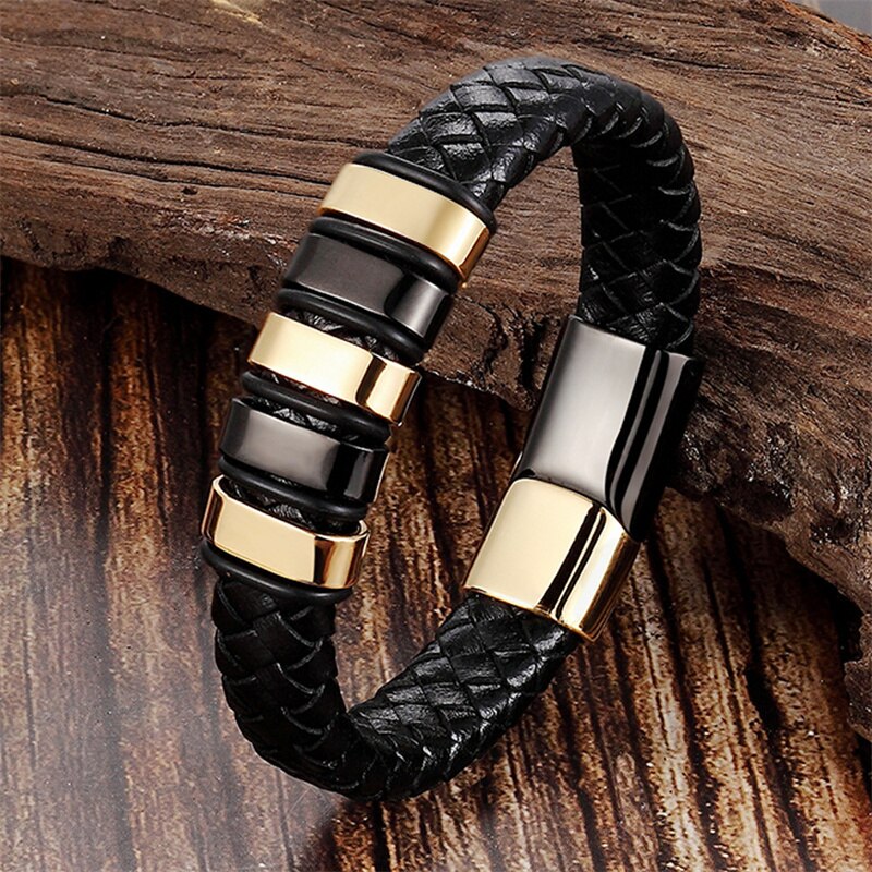 New Punk Men bracciale in pelle intrecciato a mano moda acciaio inossidabile fibbia magnetica bracciale in pelle per uomo regalo gioielli: 5