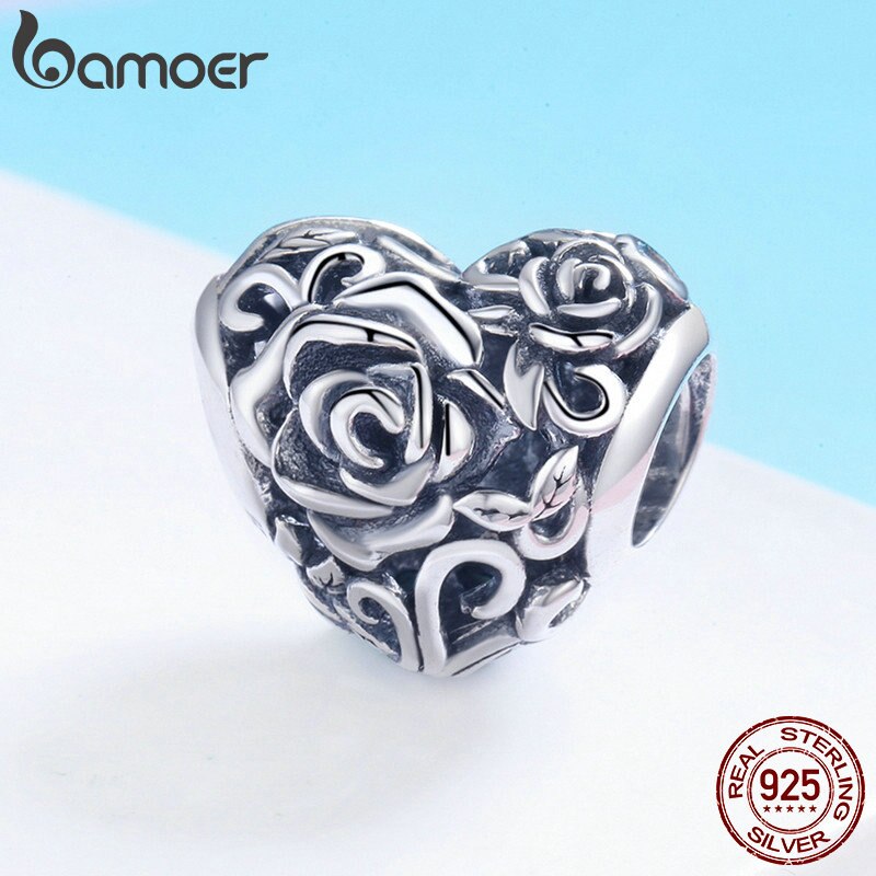 BAMOER New Romantic 925 Silver Rose Fiore Incidere Cuore misura Branelli Braccialetti Con Ciondoli & braccialetti DEI MONILI di DIY Che Fanno SCC790