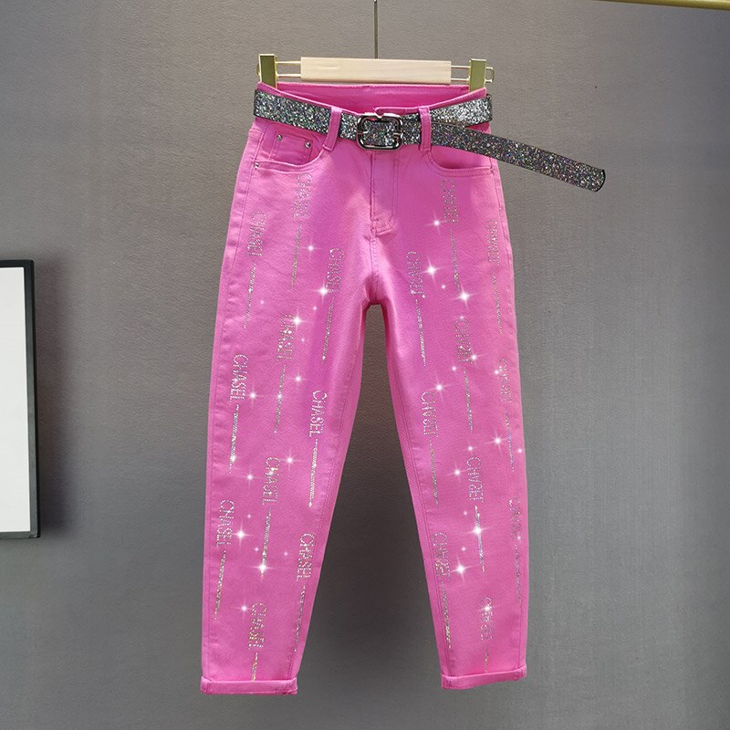 Jeans for kvinner diamanter bokstav høy midje jeans kvinner pluss størrelse stretch jeans løse denim blyantbukser