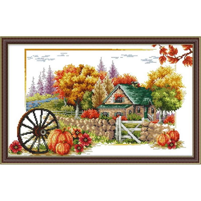 Kit de broderie DMC en toile, couture chinoise, bricolage fait à la main, 14ct 11ct, vue chalet, printemps été automne et hiver