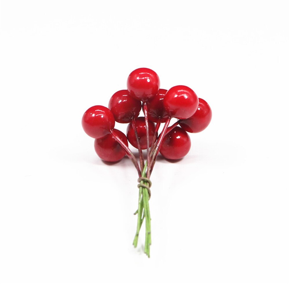 100Pcs Christmas Leaf Tree Red Artificial Cherry Holly Berry Branch Ornaments