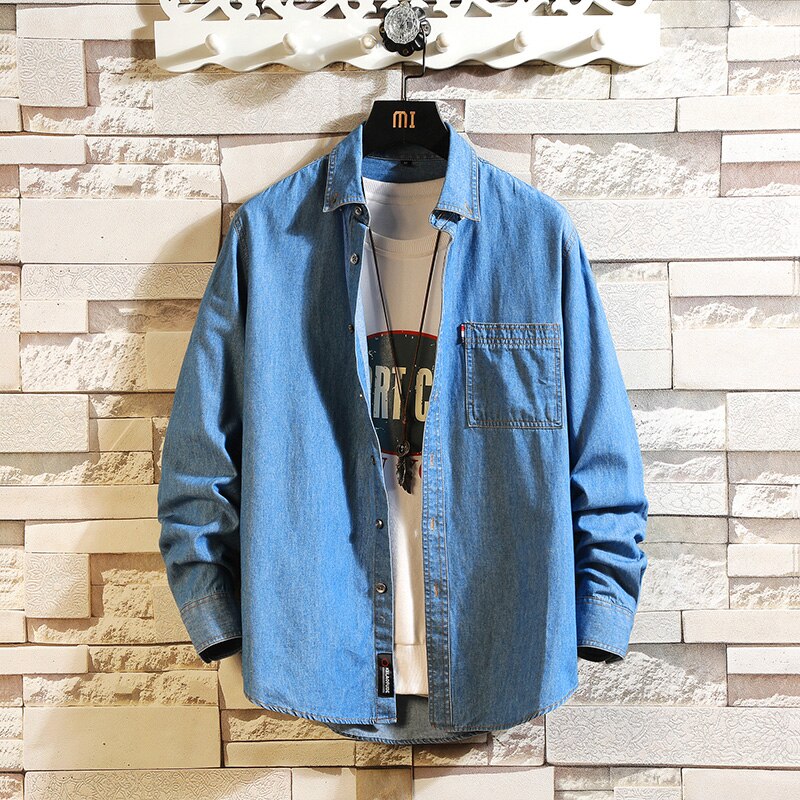 Jeansskjortor herr solida långärmade jeansjacka tvätt denim cowboyjeansskjortor herr casual