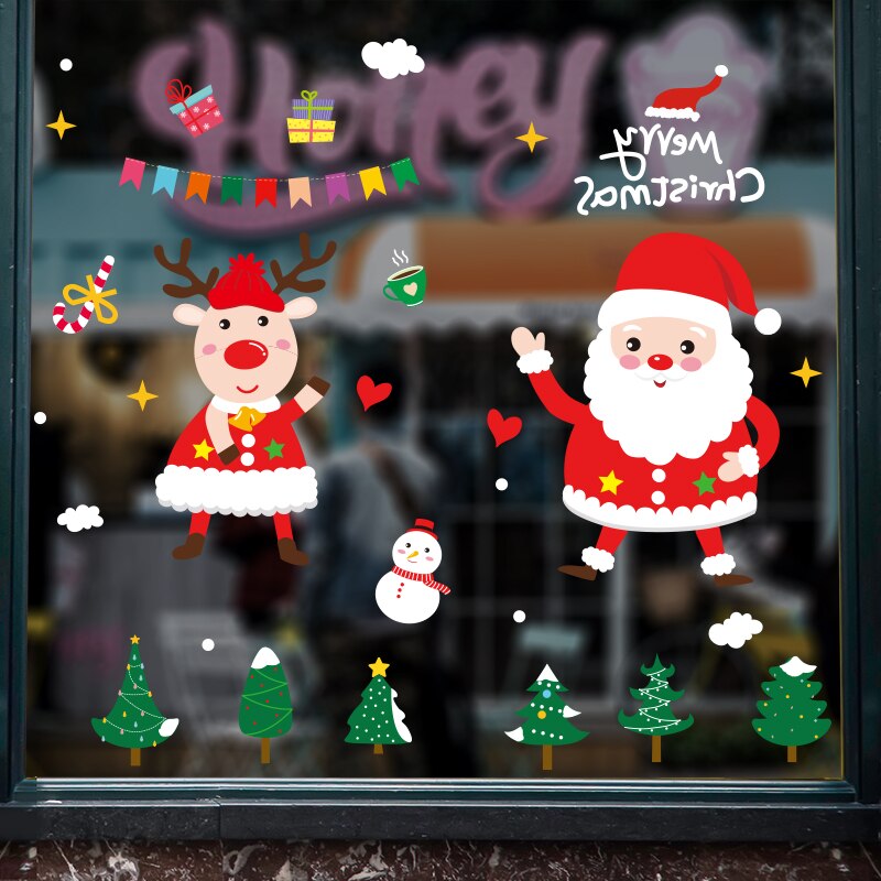 [shijuekongjian] Father Christmas Window Stickers DIY Deer Tree Wall Decals for Living Room Shop Glass Year Decoration