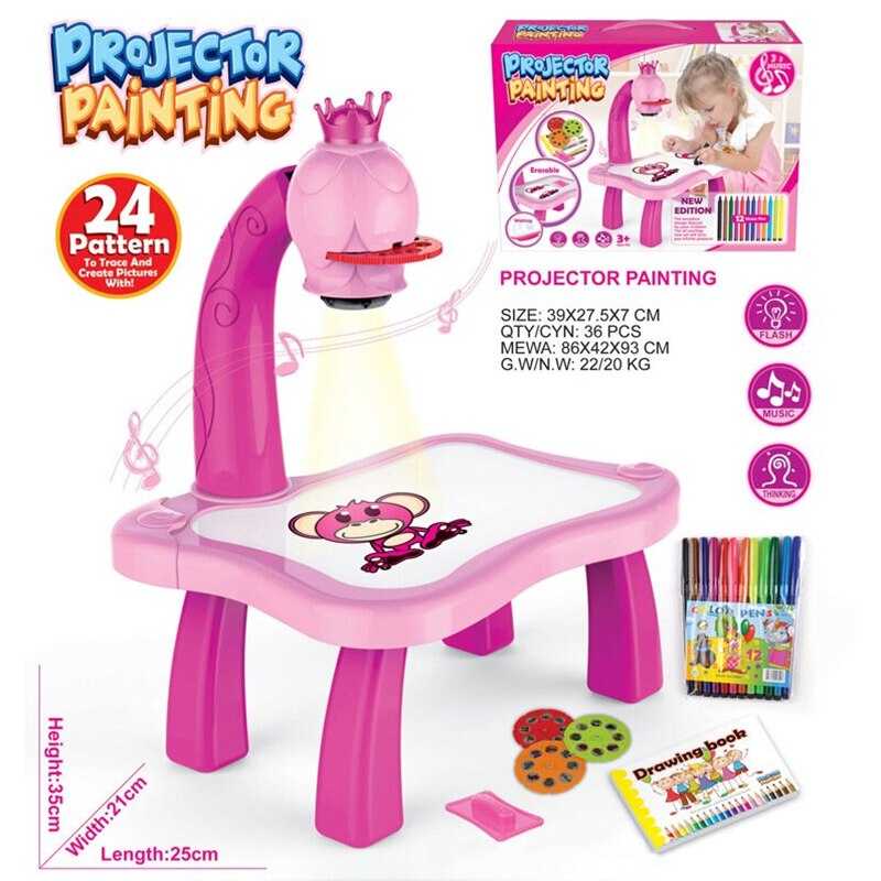 Kinderen educatief vroeg leren muzikaal projector projectie schilderen tekentafel bureau speelgoed verf gereedschap bjstor: Roze