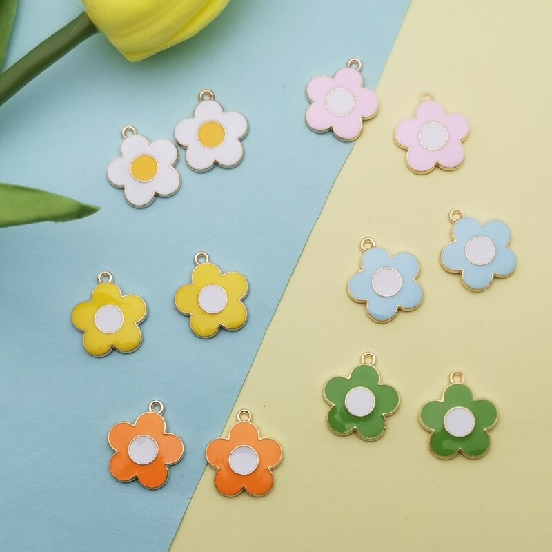 10PCS Colorful Flowers Enamel Charms Gold Tone Little Flower Alloy Pendants Fit Making Earring Hair Jewelry DIY Accessory FX494: mix