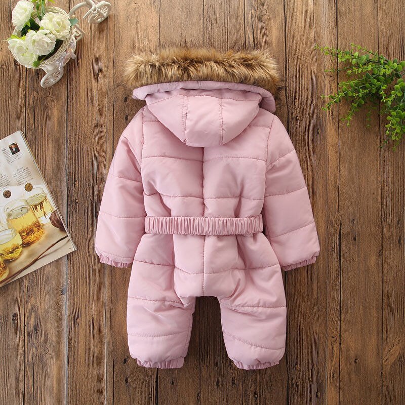 0-3Y Pasgeboren Baby Baby Meisjes Jongens Winter Warm Sneeuw Wear Romper Hooded Bont Roze Rits Elastische Taille Jumpsuits Kleding Uitloper