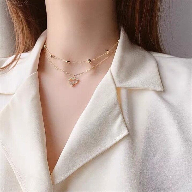 Double layer Chain Heart Choker Necklace For Women Gold Chain Korean Style Collar Female Chocker Aesthetic Jewelry