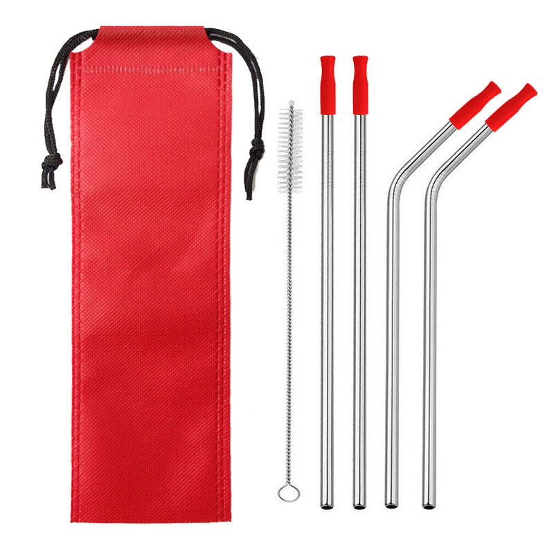 304 Stainless Steel Metal Straws Drink Cocktail Color Silicone Head Straw Travel Portable Set: Set 8