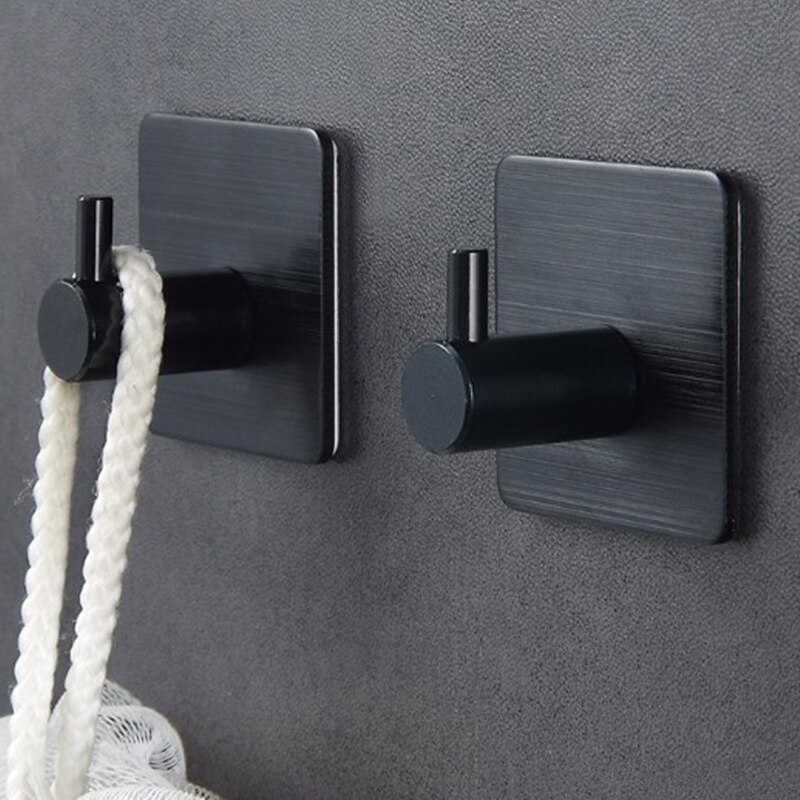 2pcs Black Stainless Steel Bathroom Hook, Adhesive Wall Mounted