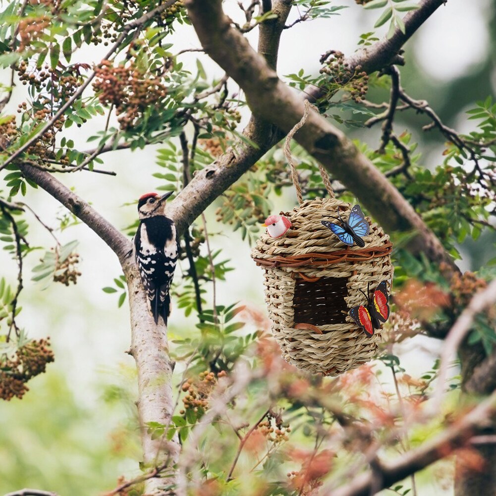 Hand Woven Basket Small Birdhouses for Outdoor Hanging Hummingbird Nesting House Nest Bird Hideaway Cage for Sparrow