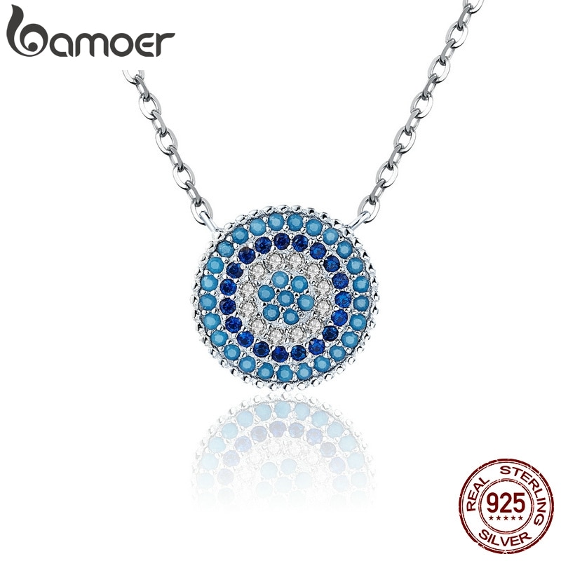 BAMOER Populaire 925 Sterling Zilveren Ronde Blue Crystal Lucky Blauwe Ogen Vrouwen Hanger Kettingen Authentieke Zilveren Sieraden SCN099