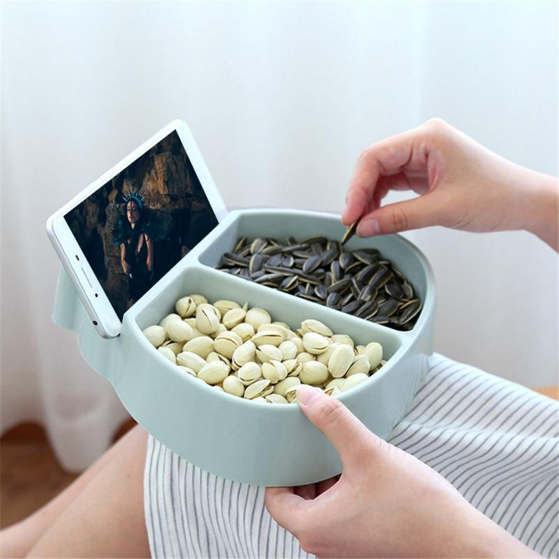 Shape Lazy Snack Bowl Plastic Double Layers Snack Storage Box Bowl Fruit Plate Bowl With Phone Holder For TV