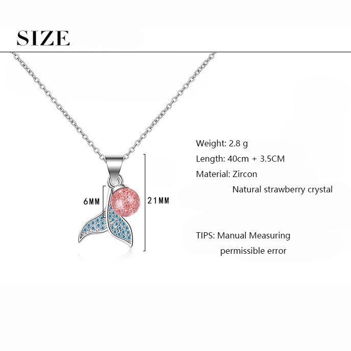 Simple Mermaid Fishtail Silver Color Necklaces with Natural Strawberry Crystal Cubic Zirconia Jewelry For Women S-N450