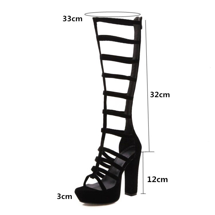 PXELENA Knee High Gladiator Sandals Women Thick Block High Heels Rome Punk Rock Gothic Ladies Sandals Party Shoes Narrow Band
