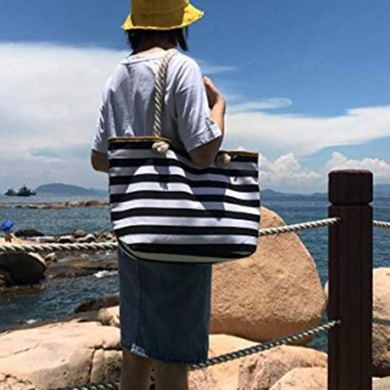 Lærred strand taske stor stribe håndtaske pung rejsetaske