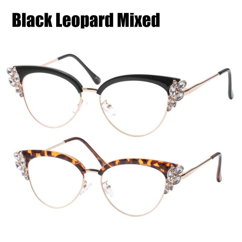 SOOLALA Anti Blue Light Glasses Women Cateye Rhinestone Eyeglass Frames Computer Anti Reflective Blue Light Blocking Glasses: Back Leopard Mixed