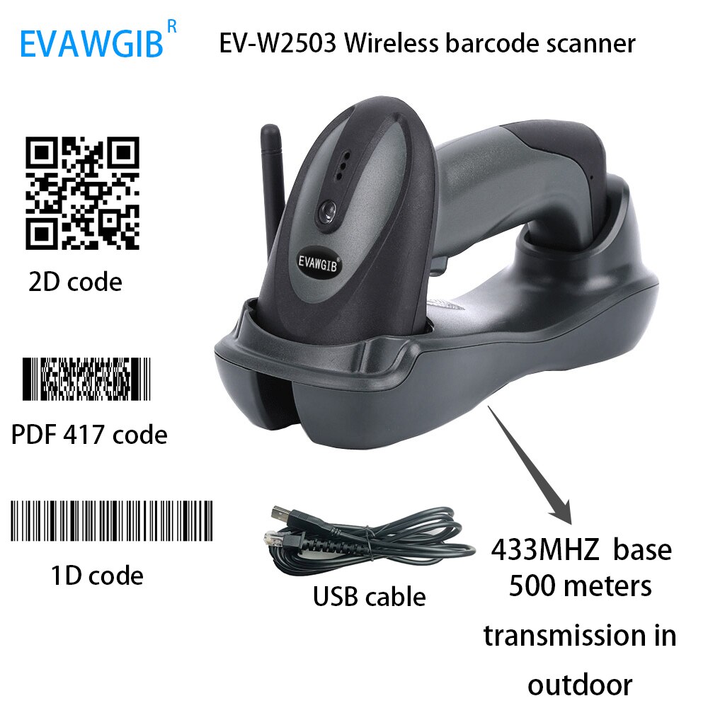 Evawgib 1D 2D PDF417 Barcode Scanner Usb 2.4G 433Mhz Bluetooth Barcode Scanners Handheld Barcode Reader Goedkope Barcode Scanner