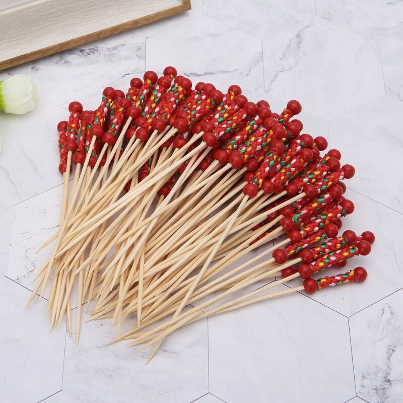 100pcs Beads Bamboo Cocktail Picks Food Sticks Disposable Toothpicks Party