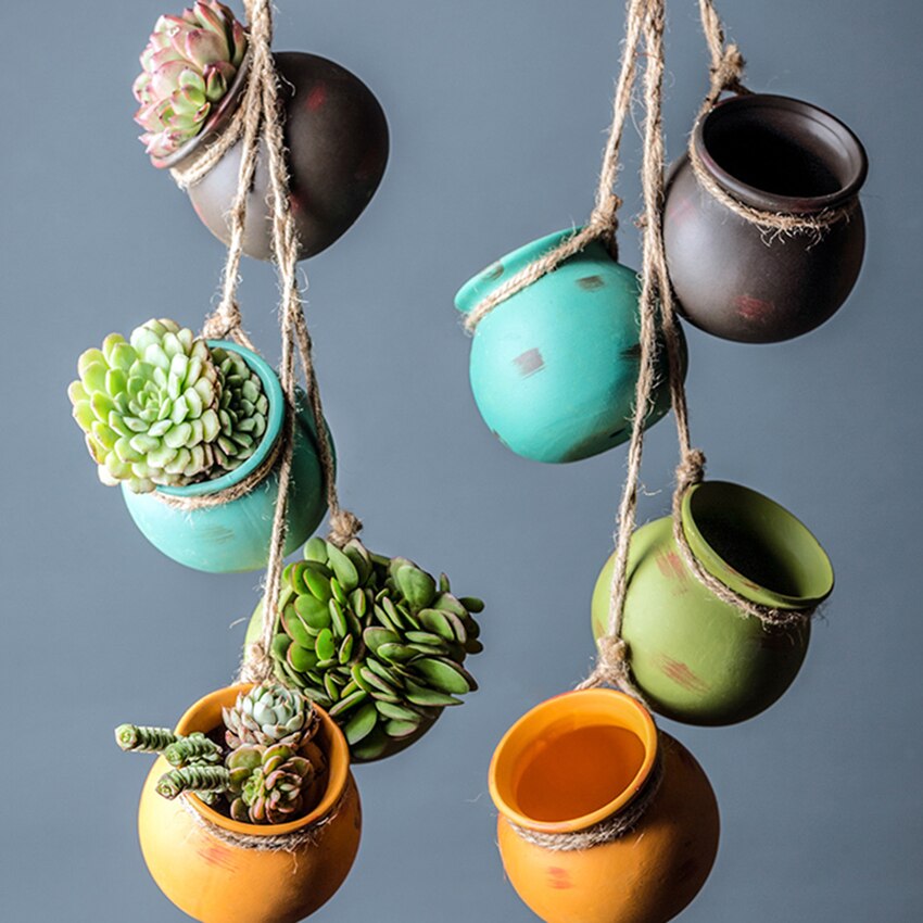 Mini zakka hamp reb kødfuld blomsterpotte keramisk hængende vase væghængende planter blomsterplante bonsai gryder tilbehør til hjemmet