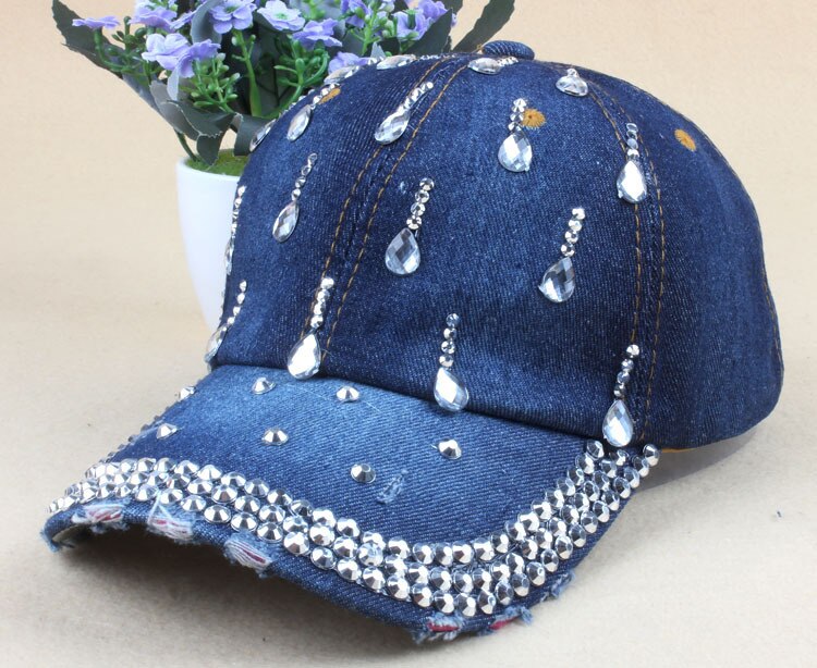 Denim hip hop kepsar fritid kvinna keps med vatten strass vintage jean baseball kepsar för män