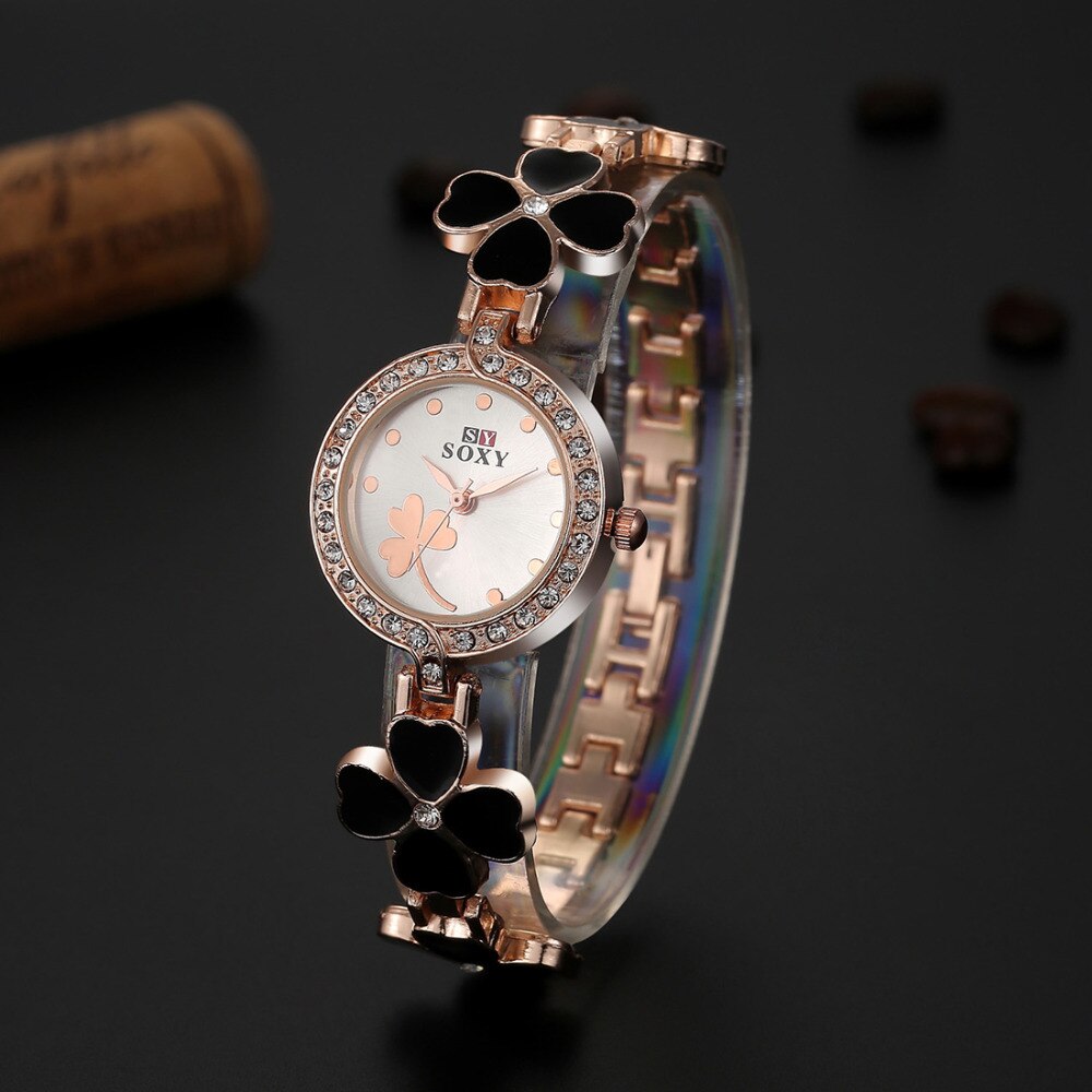 Soxy merk roségouden armbandhorloge dames luxe quartzhorloge met strass, volledig stalen bloemenhorloge dameshorloge relogio feminino