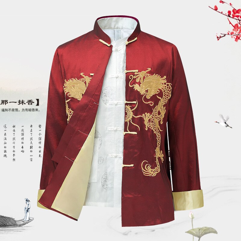 Traditionellen Chinesischen Stil Stickerei Drachen Hanfu Bluse Wu Seetang Anzug Männer Kung Fu Männlichen Spitzen Jacken Cheongsam Neue Jahr Mäntel: rot Jacke / XXL