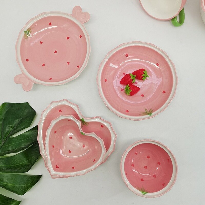 Ceramic Pink Strawberry Decorative Plate Jewelry Dish Plate Living Room Office Decoration Tableware Breakfast Bowl Home Decor