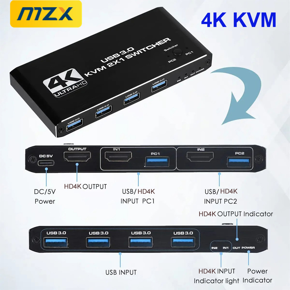 MZX KVM-schakelaar 2 in 1 uit 4K bij 60 Hz HDMI-compatibel USB 3.0 Hub Docking Station Dock Computers PC Deel Toetsenbord Printer Schijf KVM