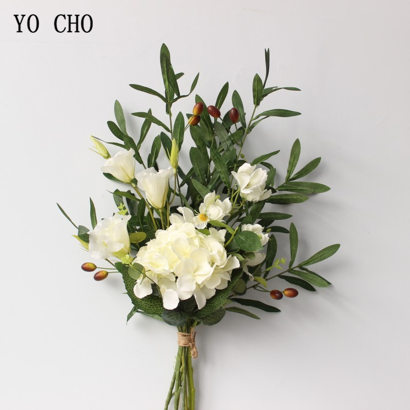 YO CHO ramo de novia de la boda de flor de rosa de seda Artificial . Exclusivo. Oliva hojas de eucalipto Festival de la decoración de la boda