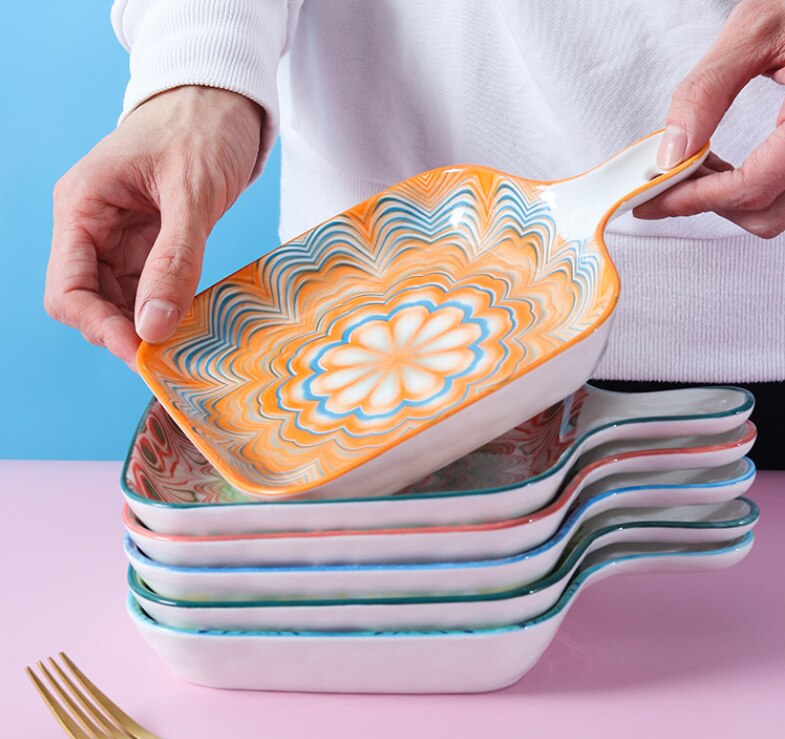 Bohemian Style Single Handle Square Baking Tray Ceramic Plate Household Dishes For Kitchen Utensils