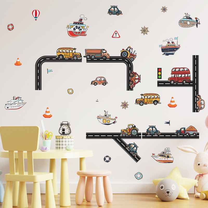 Cartoon Road Car Bus Ship Traffic Removable Wall Stickers PVC Decals Mural Home Decor Art for Kids Nursery Baby Boy Room Posters
