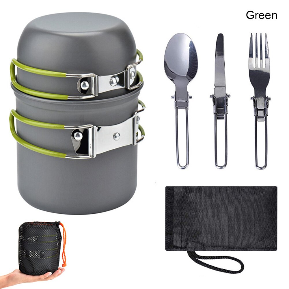 Bærbart camping køkkengrej kit udendørs picnic vandre madlavning gryder bordservice sæt: Grøn